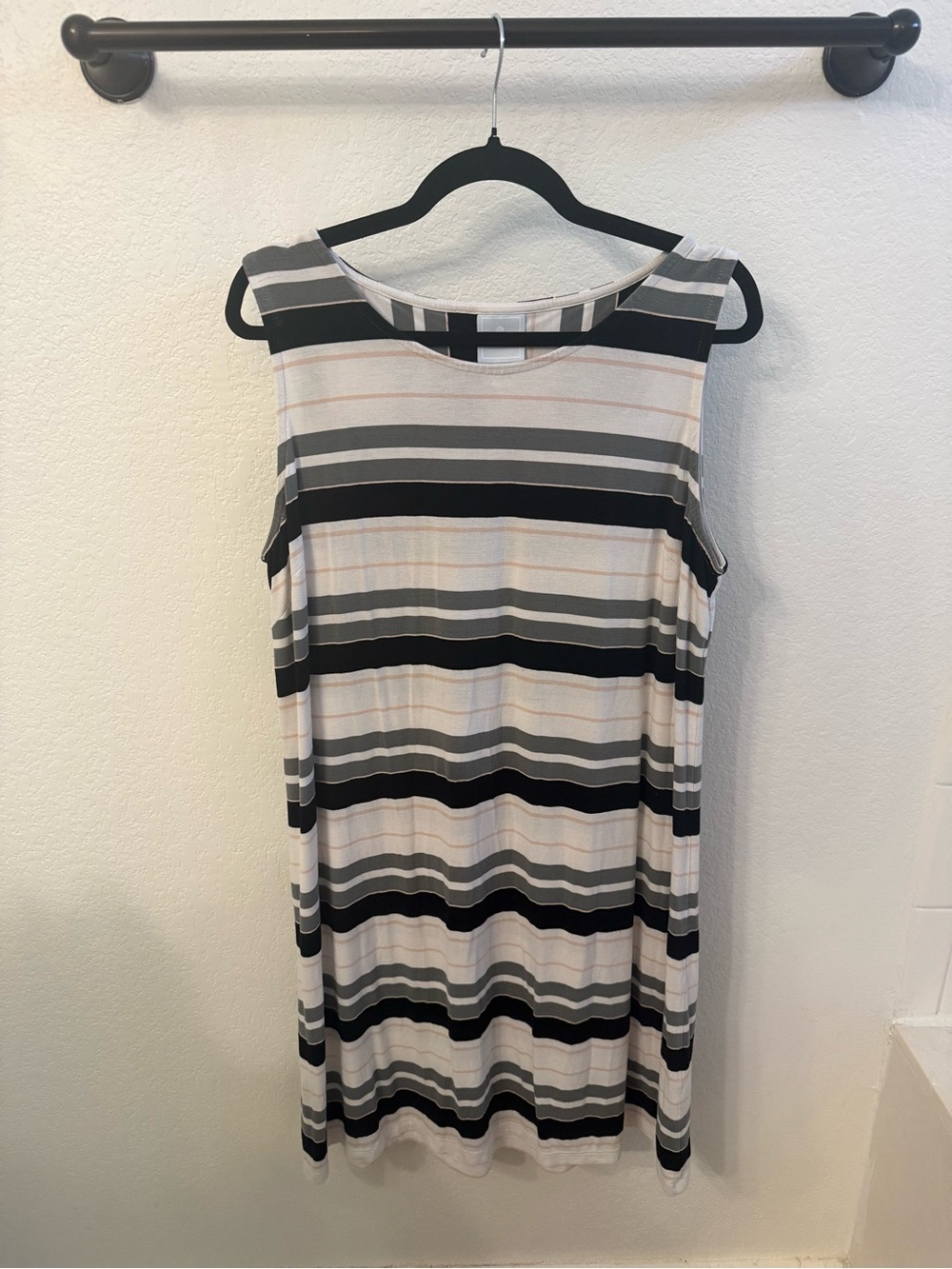 Dress Barn Sleeveless Striped Mini Dress in Black, Gray, White